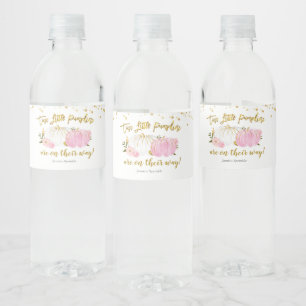 Baby shower met dubbele roze en goudpompoen waterfles etiket
