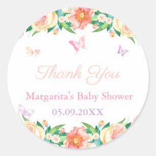 Baby shower met een gekantelde vlindertuin ronde sticker