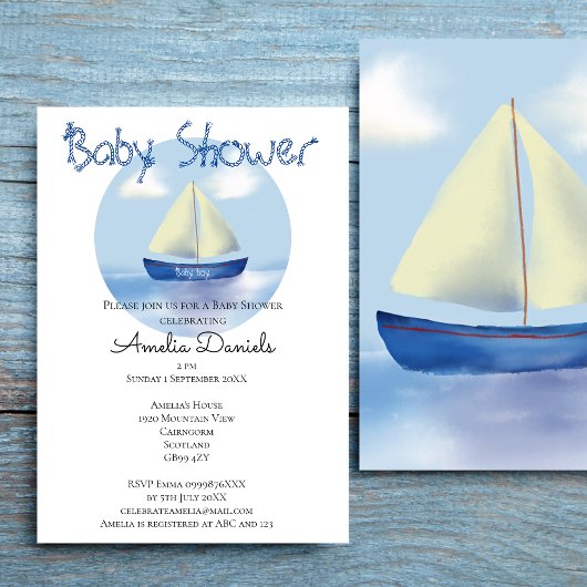 Baby shower met een lieflijk kleine blauwe zeilboo kaart