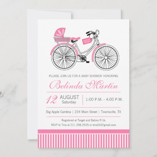 Baby shower met fiets Roze uitnodiging (Voorkant)