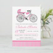 Baby shower met fiets Roze uitnodiging (Staand voorkant)
