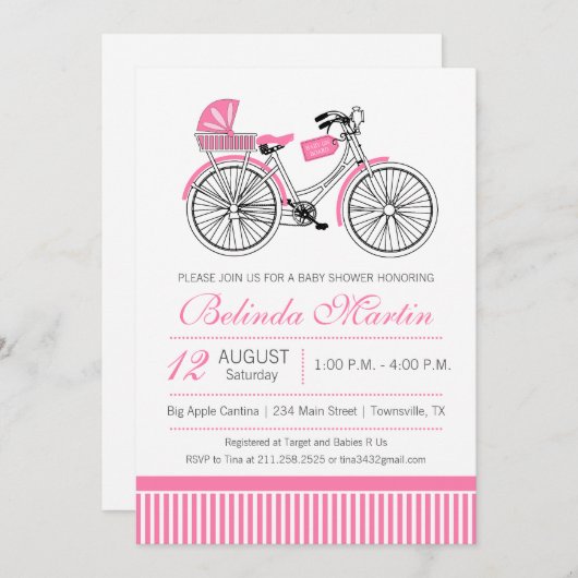 Baby shower met fiets Roze uitnodiging (Voorkant / Achterkant)