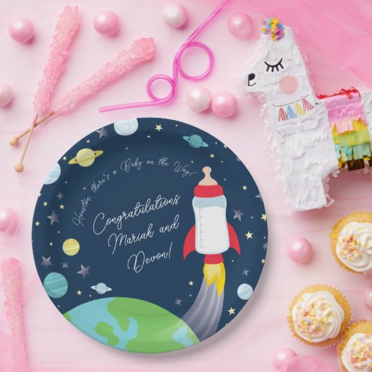 Baby shower met flesje met buitenkant papieren bordje (Feest)