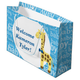 Baby Shower met giraffe in blauwe strik voor jonge Large Cadeautasje