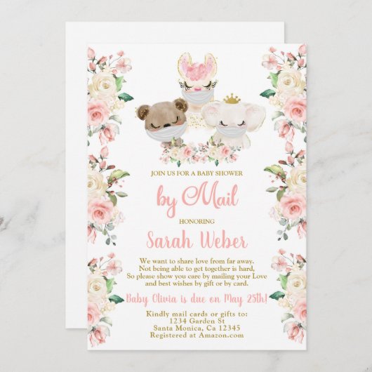 Baby shower met houtroze bloem per postmeisje kaart (Voorkant / Achterkant)