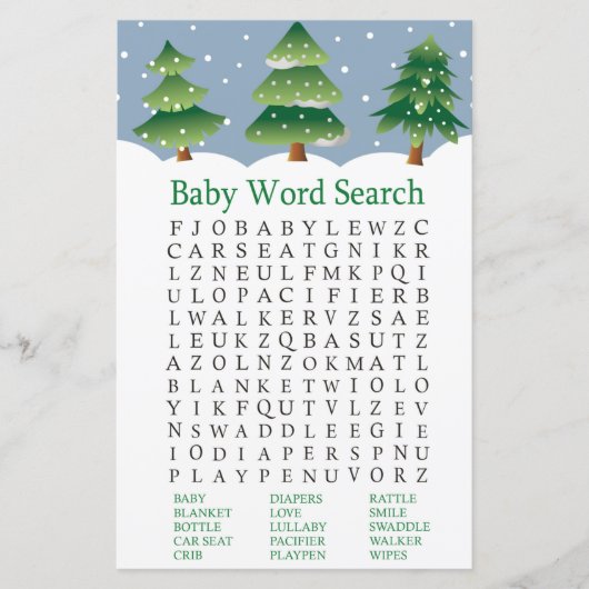 Baby shower met kerstboomkleuren Word Search Game (Voorkant)