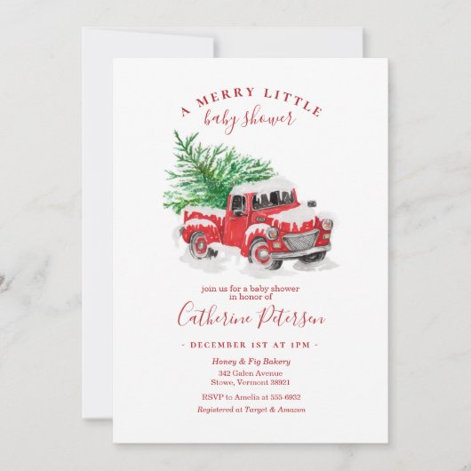 Baby shower met kerstkleine rode vrachtwagen kaart (Voorkant)