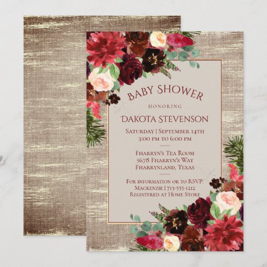 Baby shower met kersttong Boho Burgundy Gold Kaart (Voorkant / Achterkant)