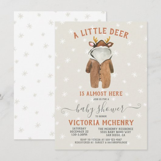 Baby shower met kleine rendierkerstwinter kaart (Voorkant / Achterkant)