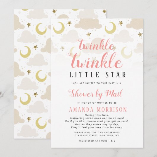 baby shower met kleine sterren op uitnodiging per  (Voorkant / Achterkant)