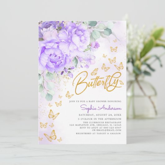 Baby shower met lavendel goudflens Glitter Butterf Kaart (Staand voorkant)