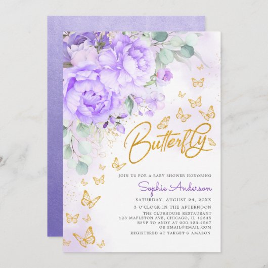 Baby shower met lavendel goudflens Glitter Butterf Kaart (Voorkant / Achterkant)