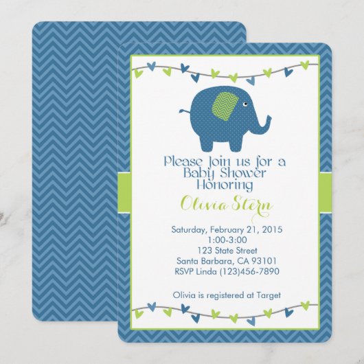 Baby shower met olifant in het blauw kaart (Voorkant / Achterkant)