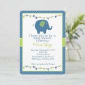 Baby shower met olifant in het blauw kaart (Staand voorkant)