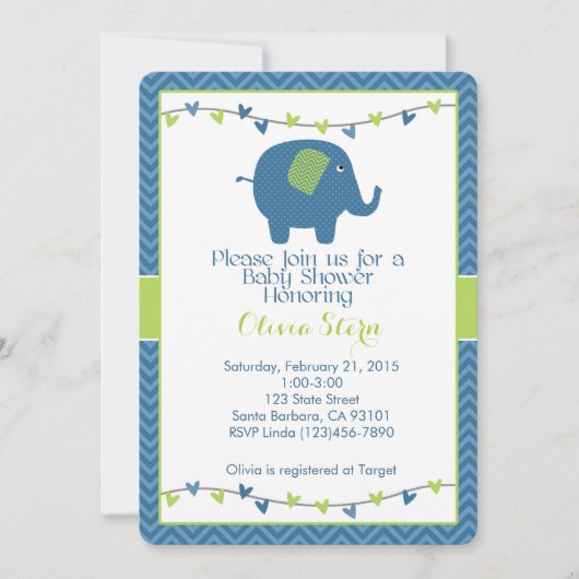 Baby shower met olifant in het blauw kaart (Voorkant)