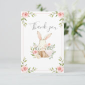 Baby shower met pink Blush Floral Bunny Rabbit Bedankkaart (Staand voorkant)