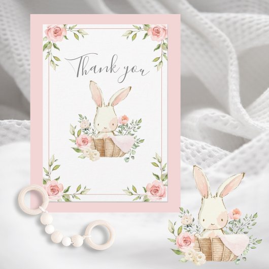 Baby shower met pink Blush Floral Bunny Rabbit Bedankkaart