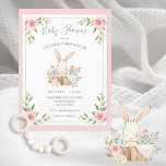 Baby shower met pink Blush Floral Bunny Rabbit Briefkaart<br><div class="desc">Zoete kleine waterverf baby konijnenkonijn in een mandje met een wildernis en  bloemen. Haar roze deken is over de zijkant gedraaid. Zo schattig voor die babymeisjesdouche. 100% klanttevredenheid met "Zazzle"</div>