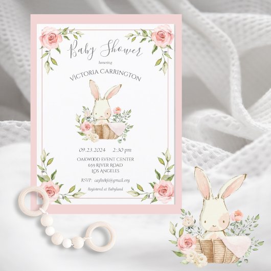 Baby shower met pink Blush Floral Bunny Rabbit Briefkaart