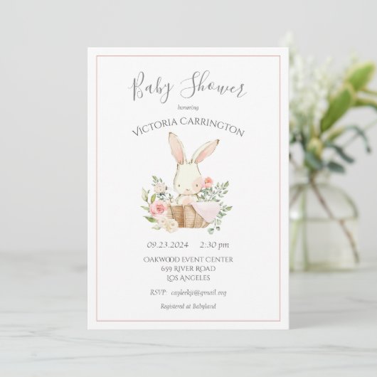 Baby shower met pink Blush Floral Bunny Rabbit Kaart (Staand voorkant)
