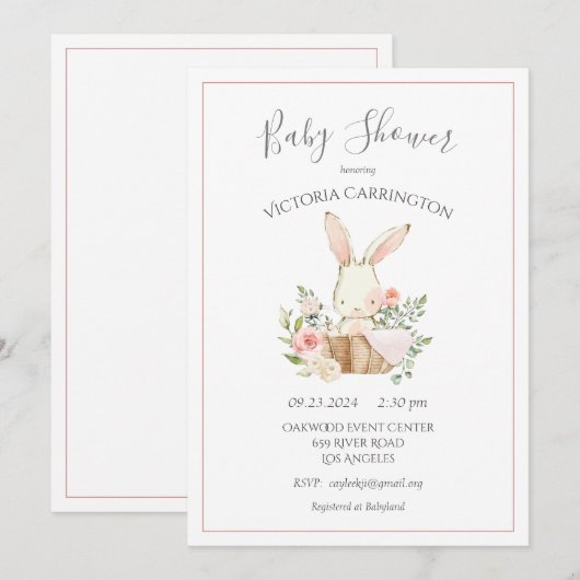 Baby shower met pink Blush Floral Bunny Rabbit Kaart (Voorkant / Achterkant)