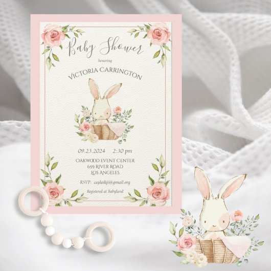 Baby shower met pink Blush Floral Bunny Rabbit Kaart
