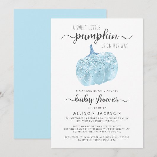 Baby shower met pompoenblauw glitter kaart (Voorkant / Achterkant)