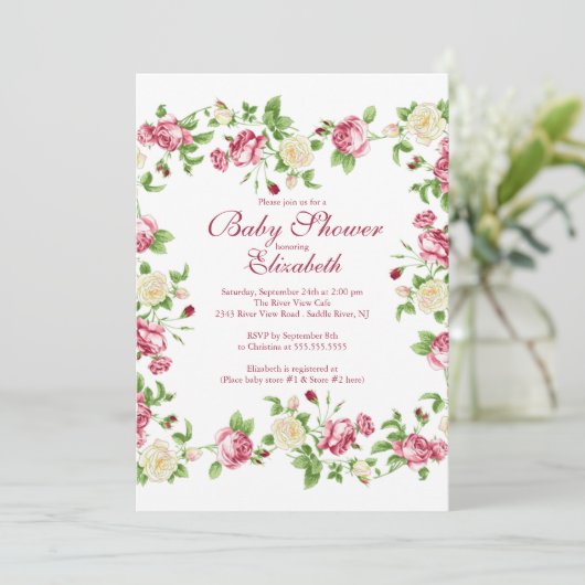  Baby shower met rode en witte rozenbloemen Kaart (Staand voorkant)