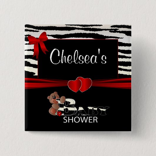 Baby shower met rode en zebrastripes vierkante button 5,1 cm (Voorkant)
