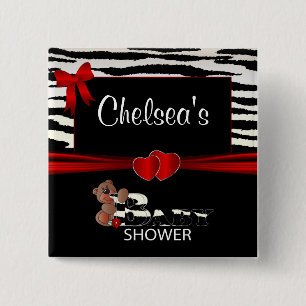 Baby shower met rode en zebrastripes vierkante button 5,1 cm