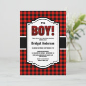 Baby shower met rode of zwarte buffelplaat kaart (Staand voorkant)