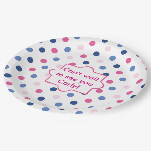 Baby shower met roze en blauwe pokkendots papieren bordje (Gekanteld)