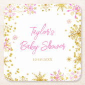 Baby shower met roze en goudsneeuwvlokken kartonnen onderzetters (Voorkant)