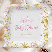 Baby shower met roze en goudsneeuwvlokken papieren bordje