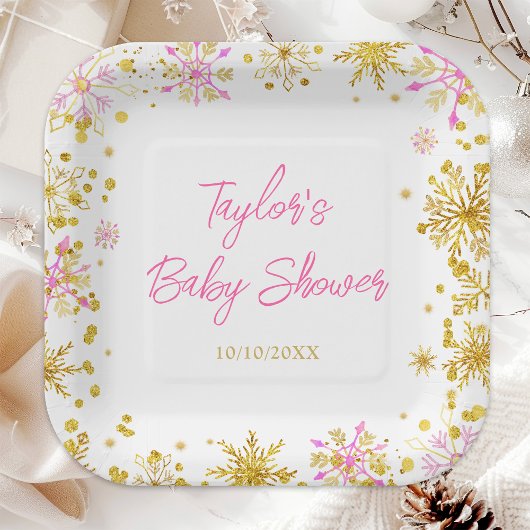 Baby shower met roze en goudsneeuwvlokken papieren bordje