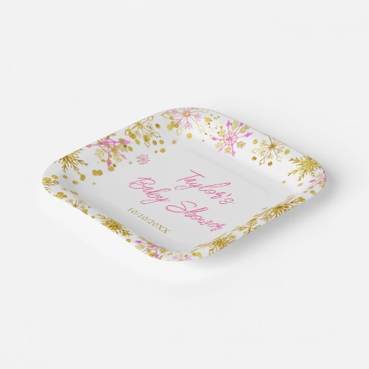 Baby shower met roze en goudsneeuwvlokken papieren bordje (Gebogen)