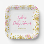 Baby shower met roze en goudsneeuwvlokken papieren bordje (Voorkant)