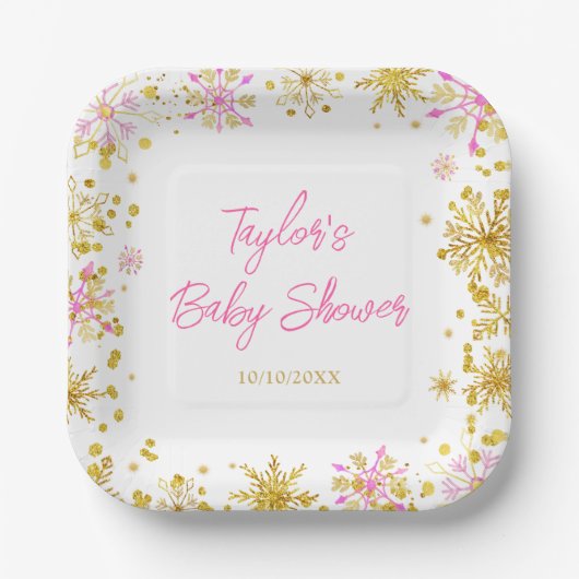 Baby shower met roze en goudsneeuwvlokken papieren bordje (Voorkant)