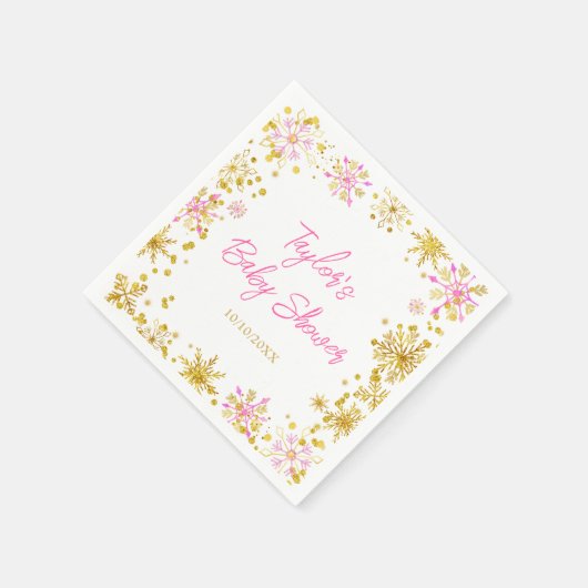 Baby shower met roze en goudsneeuwvlokken servet (Hoek)