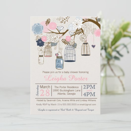 Baby shower met roze en marineblauw hangende kooie kaart (Staand voorkant)