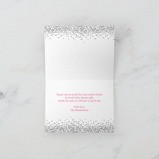 Baby shower met roze en zilver bedankkaart (Binnen)