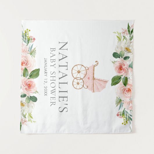 Baby shower met roze Floral Girl Wandkleed (Voorkant (horizontaal))