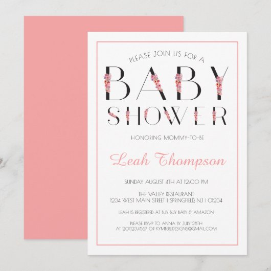 Baby shower met roze Floral Letters Kaart (Voorkant / Achterkant)