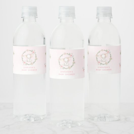 Baby shower met roze florale olifant waterfles etiket (Flessen)