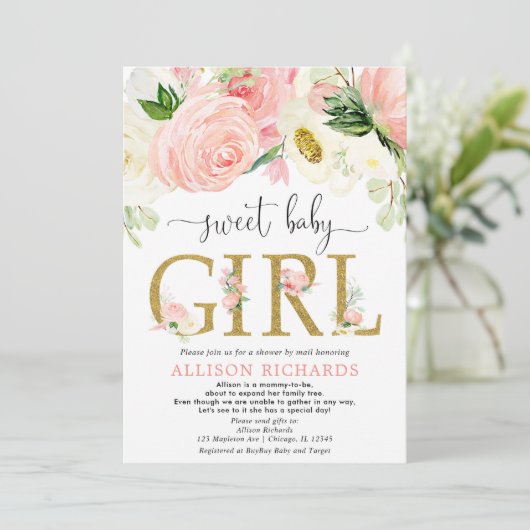 Baby shower met roze gouden meisje door verzending kaart (Staand voorkant)