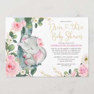 Baby shower met roze goudhoudende olifanten kaart