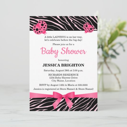 Baby shower met roze ladybug Zebra Stripes Kaart (Staand voorkant)