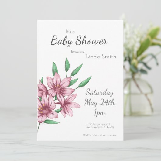Baby shower met roze, minimalistische Floral-Girl Kaart (Staand voorkant)