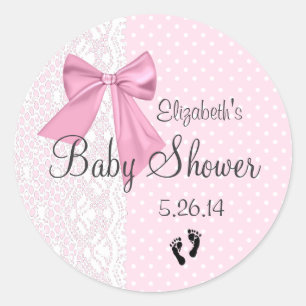 Baby shower met roze rand en witte kant ronde sticker