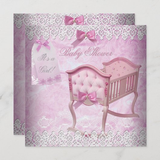  Baby shower met roze  Wieg Kaart (Voorkant / Achterkant)